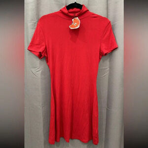 NEW Cider Red Turtleneck Mock Neck Short Sleeve Knit T Shirt Dress Bodycon Fall
